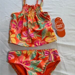 Wonder Nation Kids Floral Bikini - Orange and Pink